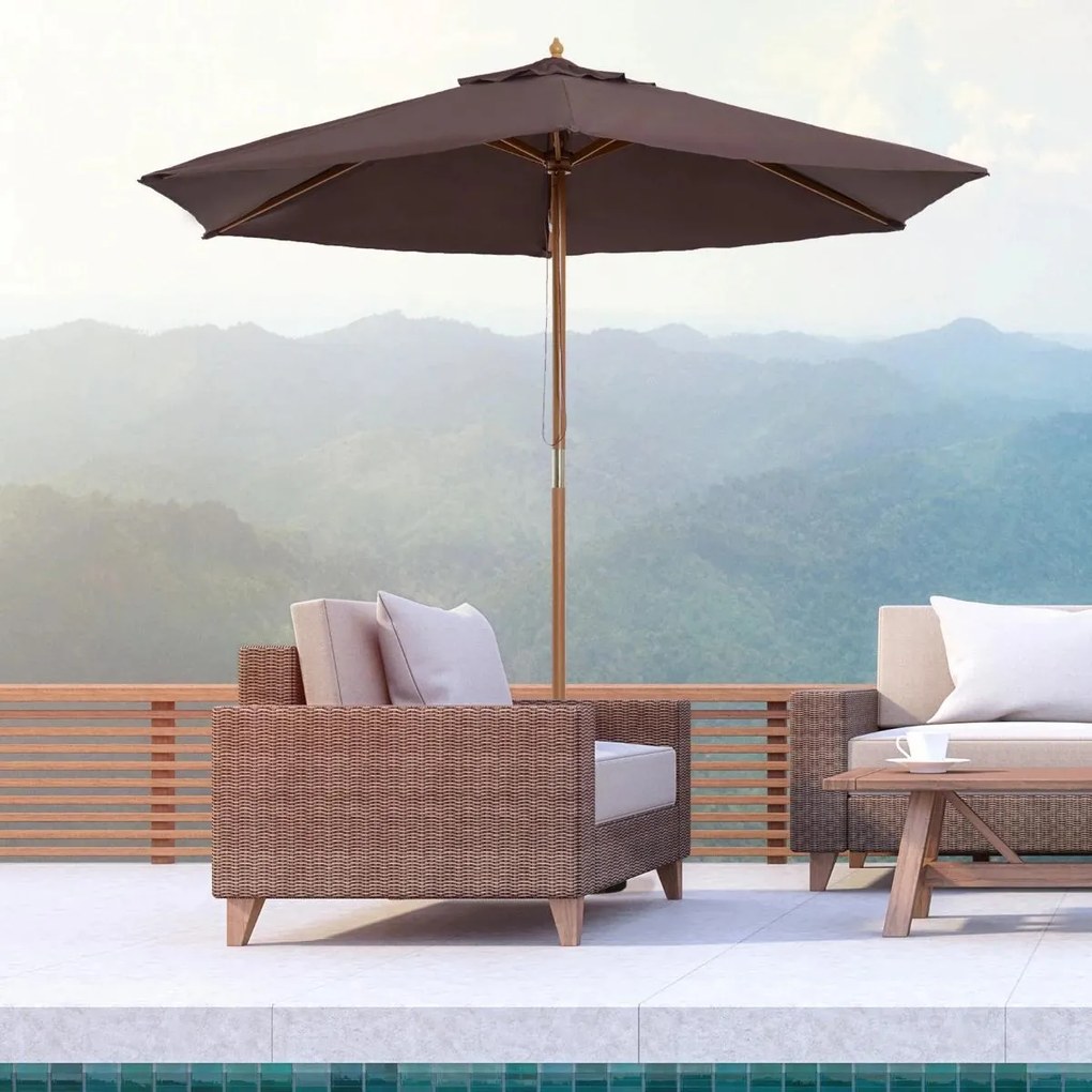 Chapéu de Sol Ø250x230cm Chapéu de Sol com Mastro de Madeira com 6 Hastes Sistema de Polia com Fixação para Jardim Pátio Terraço Castanho