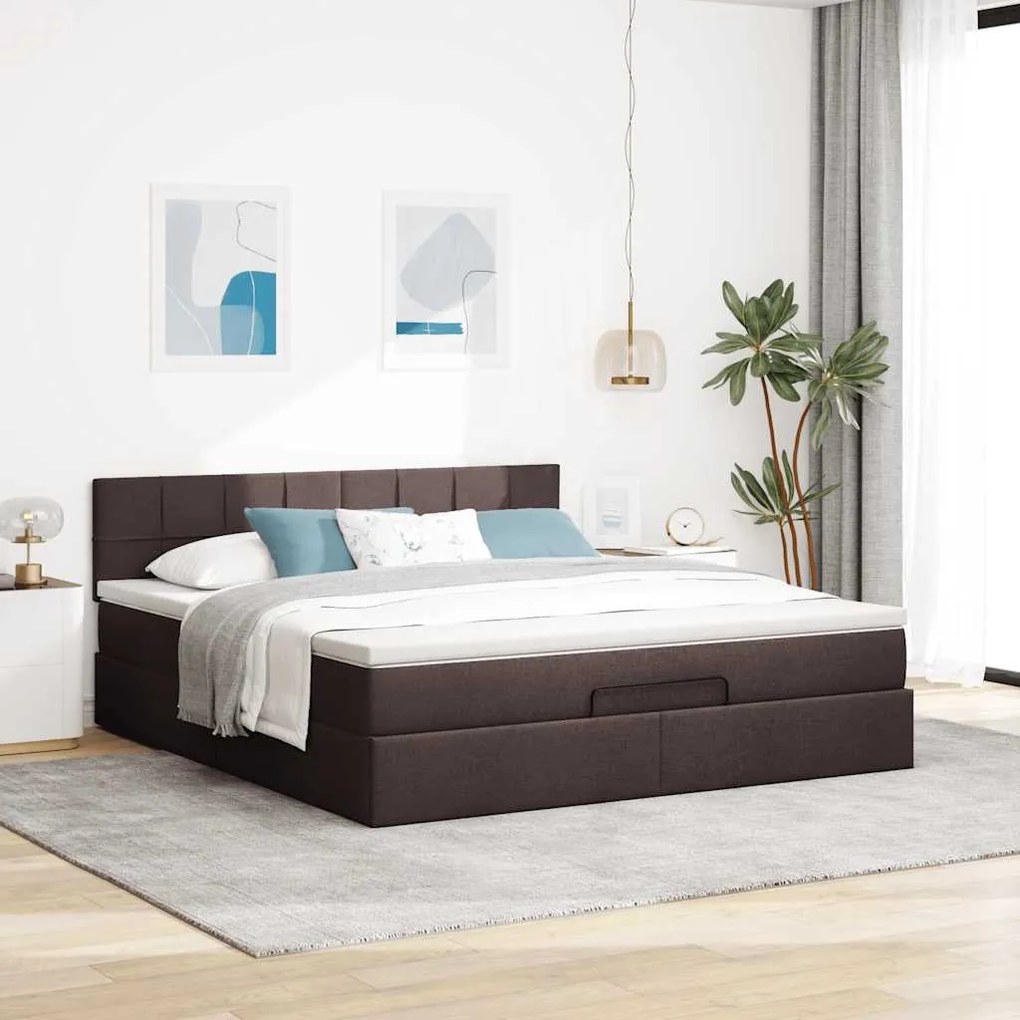 Cama Otomana com colchão&amp;LEDs 180x200cm tecido castanho-escuro
