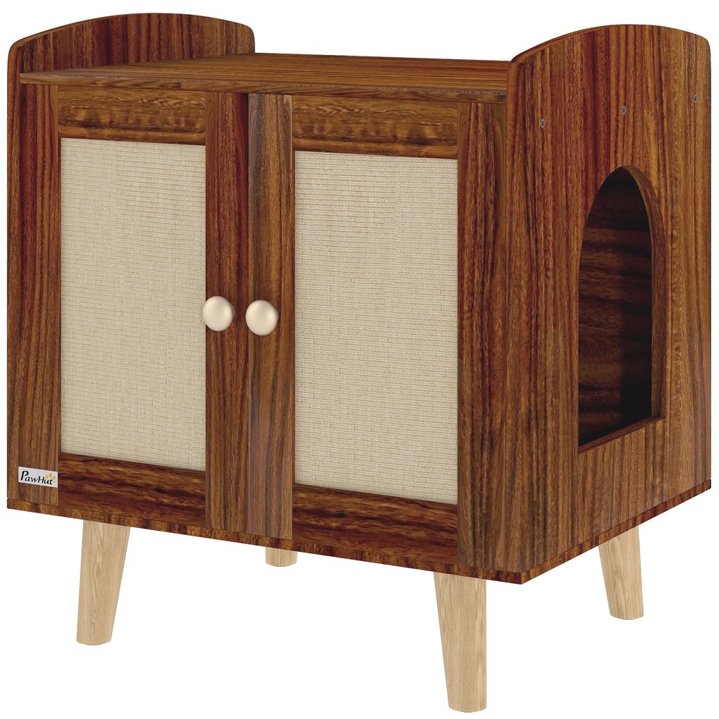 PawHut Móvel Caixa de Areia para Gatos com Tapetes de Sisal Pés de Madeira 55x43x59,6 cm Castanho Rústico | Aosom Portugal