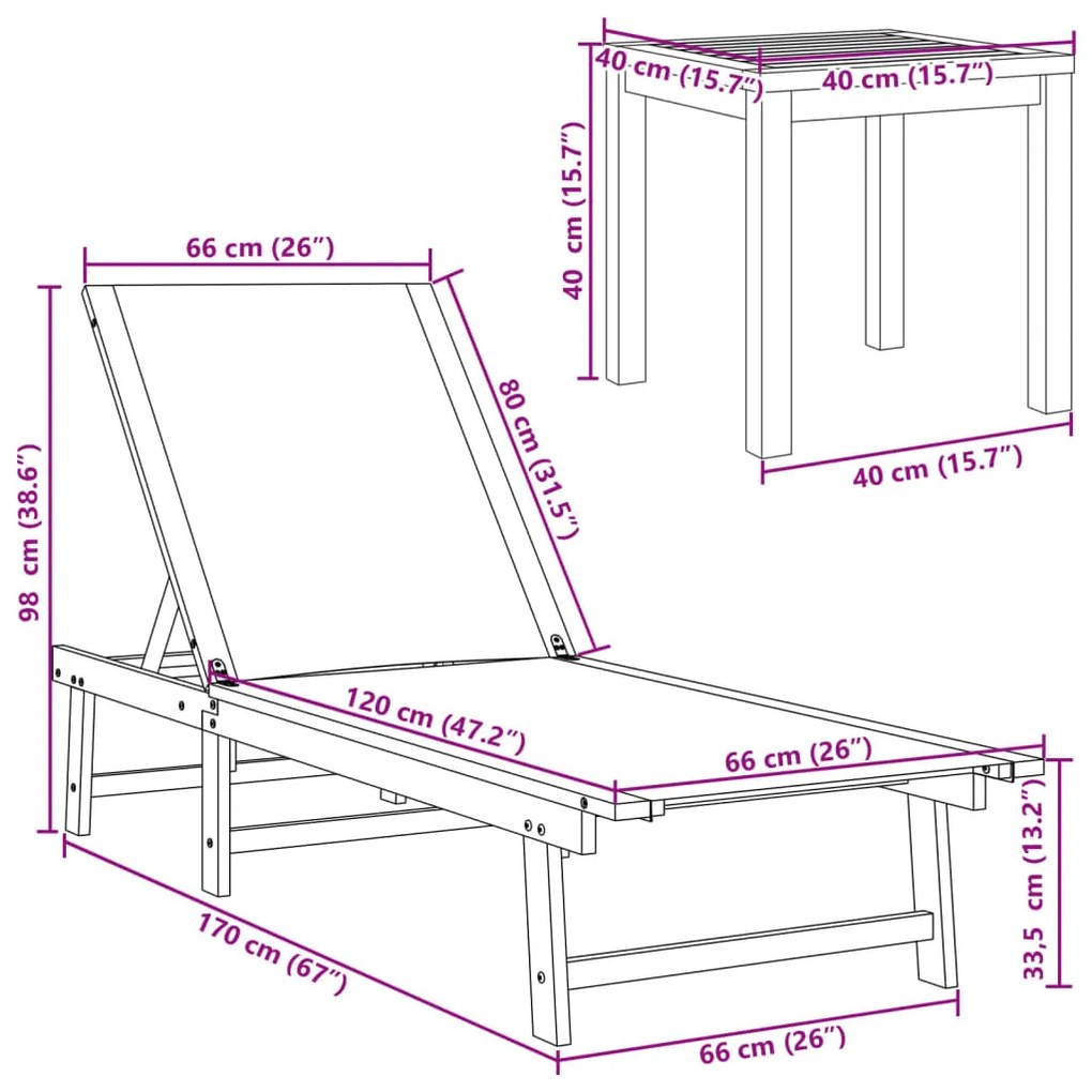 Espreguiçadeira com mesa acácia maciça e textilene cinzento