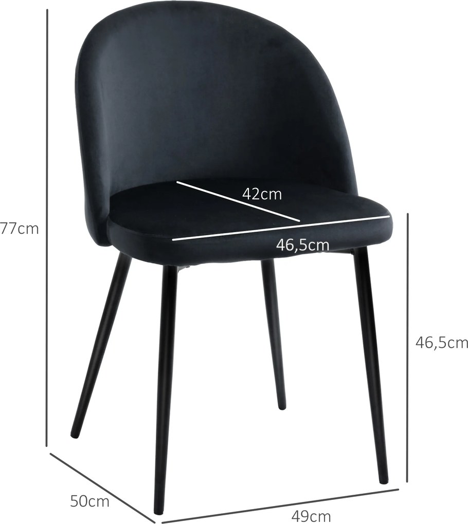 Conjunto de 2 cadeiras de estilo escandinavo, cadeiras estofadas em veludo com pés cónicos em metal Preto