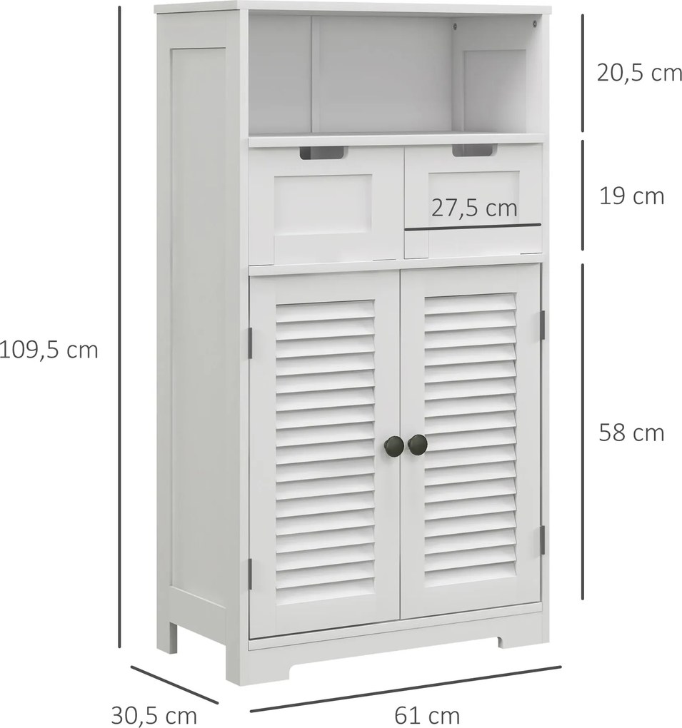 Móvel de casa de banho com 2 portas 61 x 30,5 x 109,5 cm, prateleira ajustável e 2 gavetas, compartimentos abertos, branco