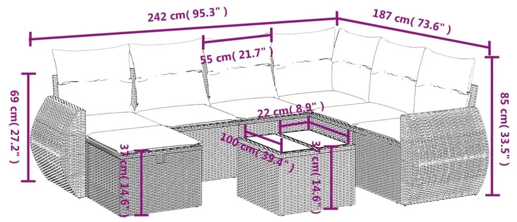 8 pcs conjunto sofás de jardim c/ almofadões vime PE castanho