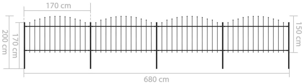 Cerca de jardim com topo em lanças (1,25-1,5)x6,8 m aço preto