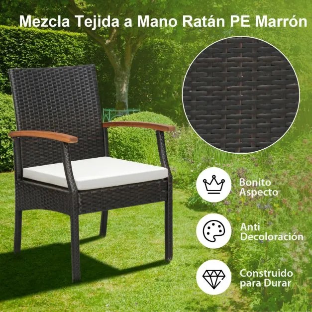 Conjunto de 2 cadeiras de jardim de vime com braços Almofada para exterior de rattan Estrutura metálica Poltronas Pátio Varanda Terraço Castanho misto