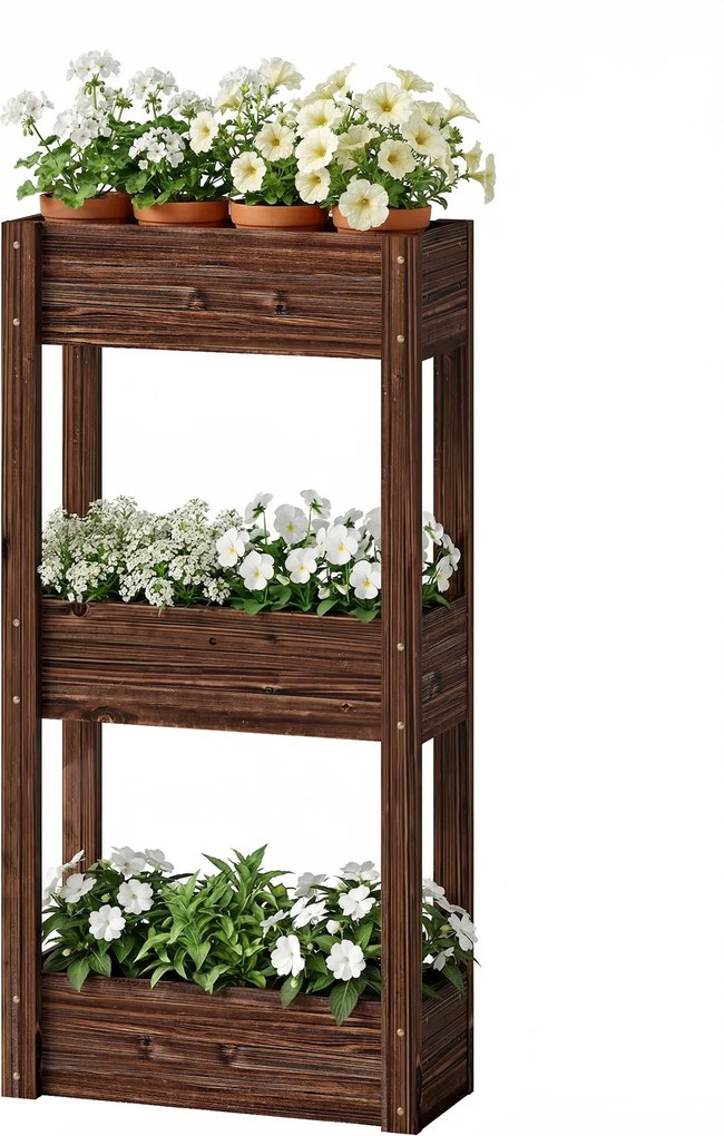 Floreira elevada com pés, 3 níveis, orifícios de drenagem e forro, 60 x 25 x 120 cm, castanho