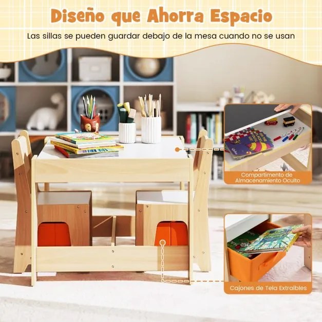 Conjunto de mesa e duas cadeiras infantis com tampo duplo, gavetas de tecido e estrutura de madeira para desenhar, ler ou brincar Natural