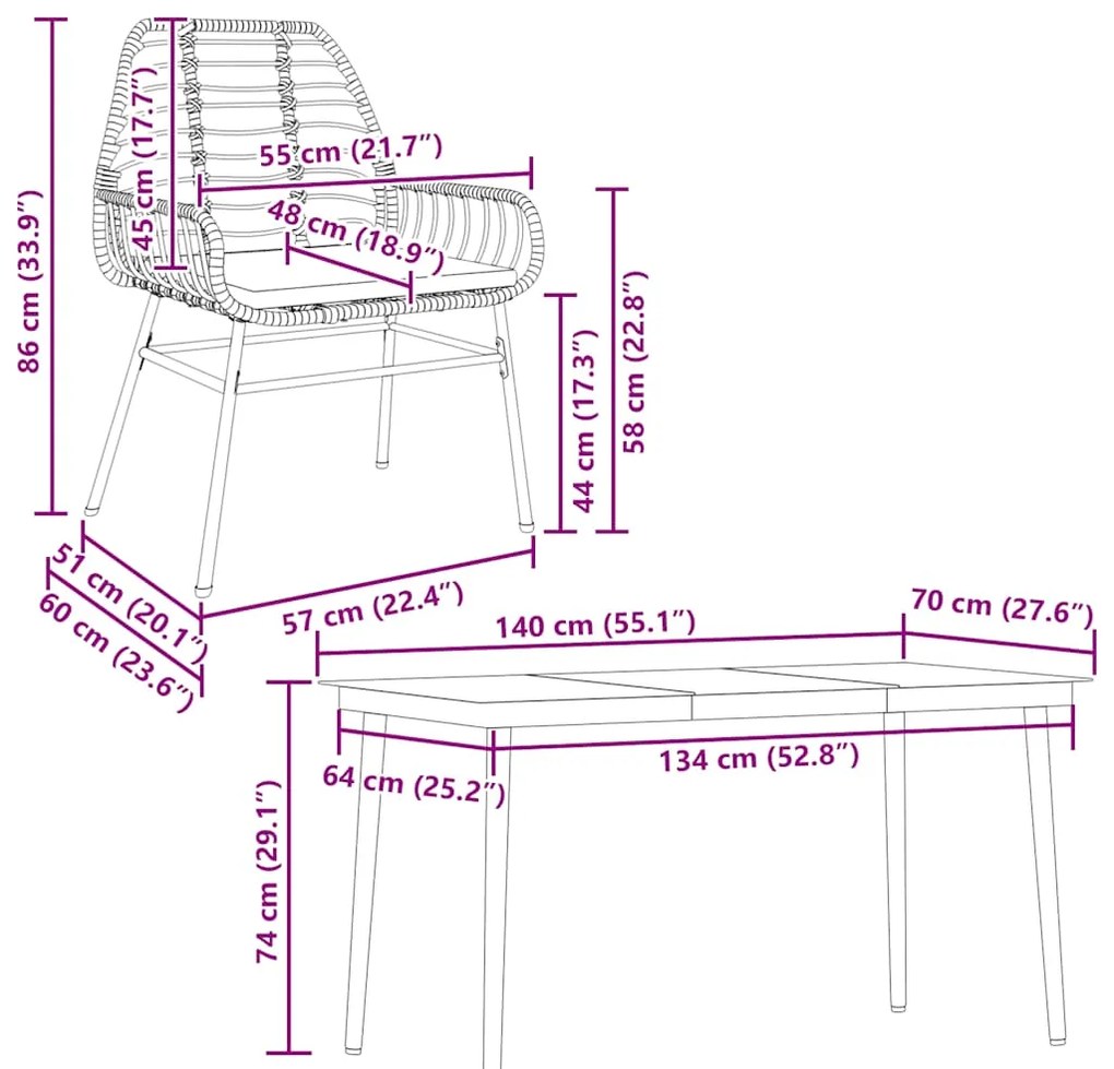 Conjunto de jantar jardim 5 peças almofadas vidro vime PE preto