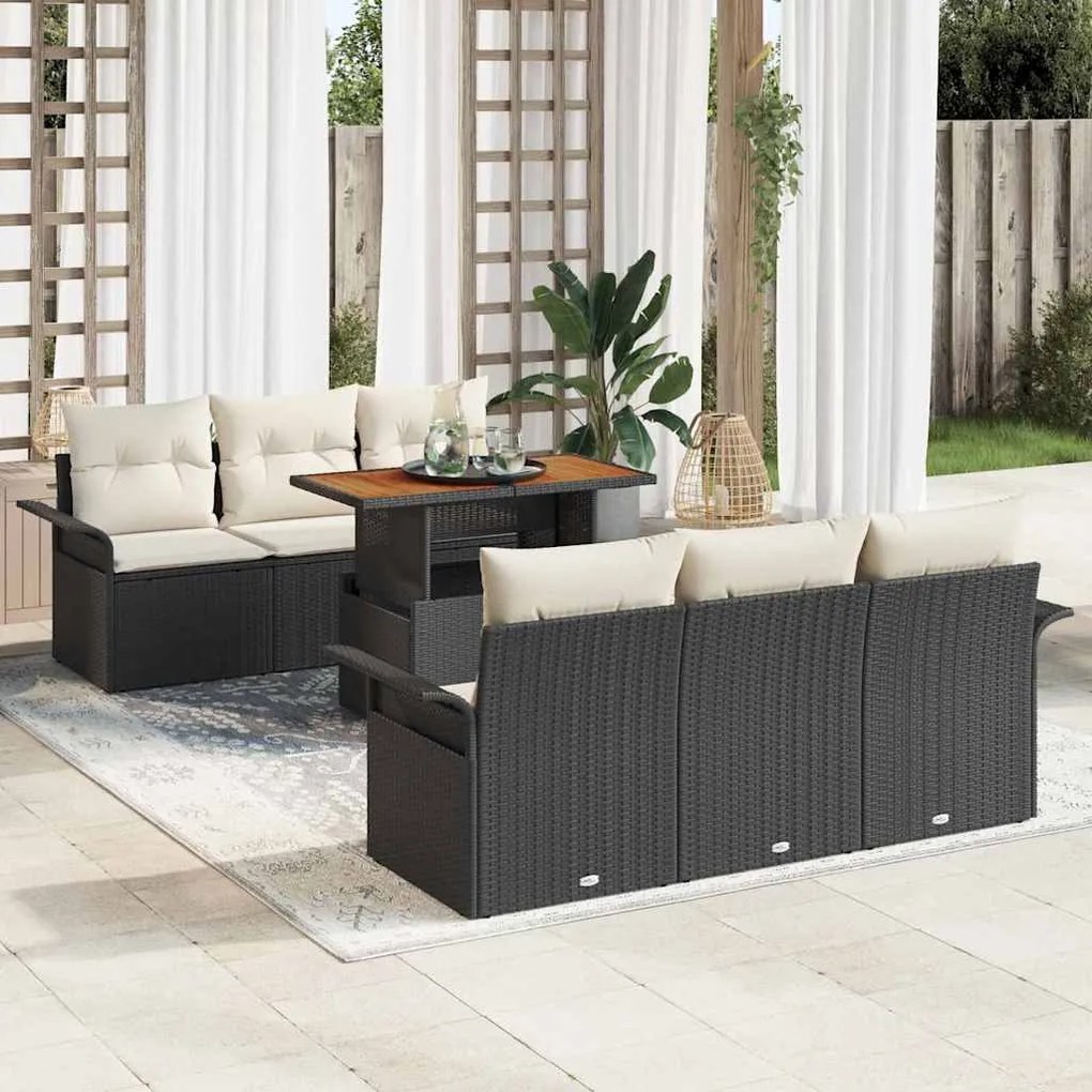 vidaXL Conjunto de Sofá de Jardim com almofada 7 pcs Preto e creme