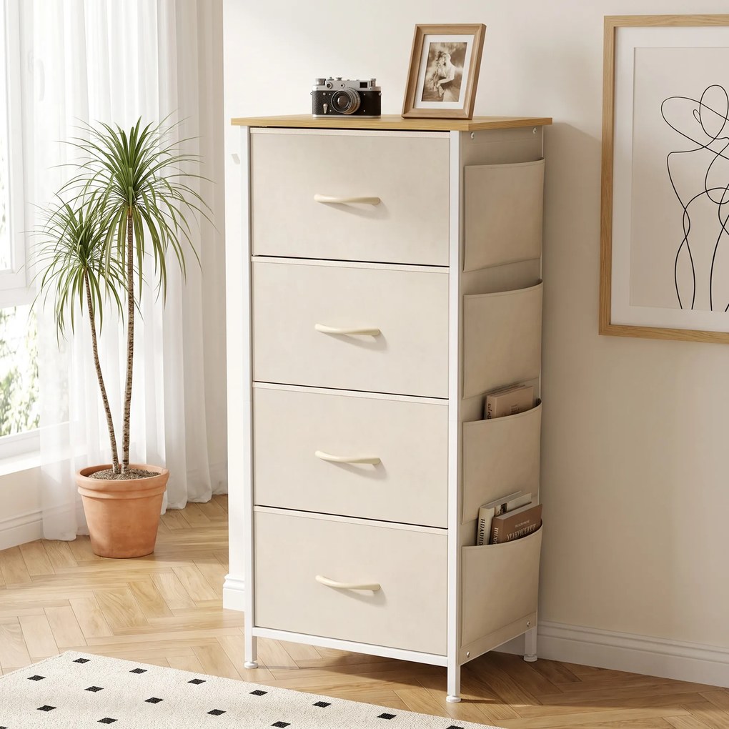 Cómoda de Quarto com 4 Gavetas tecido, 45 x 30 x 94,5 cm, Estrutura em Aço, Bege