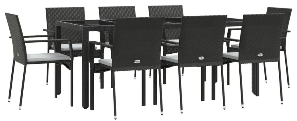 9 pcs conjunto de jantar p/ jardim c/ almofadões vime PE preto