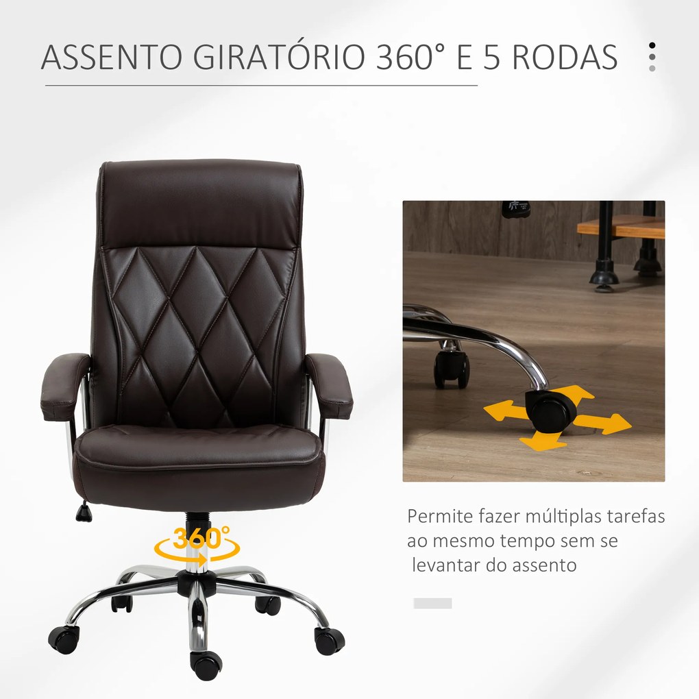 Vinsetto Cadeira de Escritório Ergonômica Cadeira de Escritório Giratória e Basculante com Altura Ajustável Encosto Alto e Apoio para a cabeça Acolchoado Pele Sintética 66x69x113-121cm Marrom