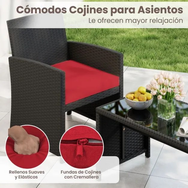 Conjunto de jardim em rattan com 4 peças: sofás de 2 lugares, mesa de vidro temperado e almofadas para exterior, varanda ou piscina, Preto+vermelho