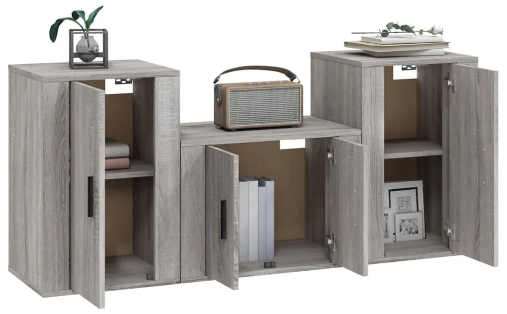 Conjunto móveis de TV 3 pcs madeira processada sonoma cinza
