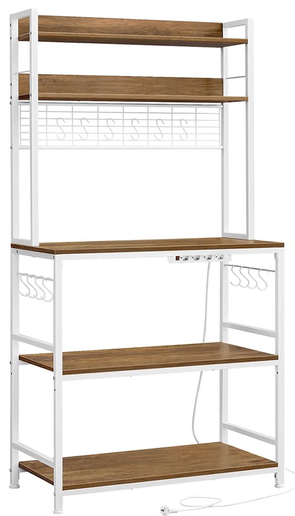 Estante de cozinha com tomadas, prateleira para micro-ondas e ganchos | VASAGLE | 80 x 40 x 170 cm | castanho vintage/branco | KKS025W41EU.
