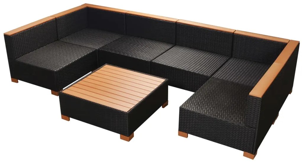 7 pcs conjunto lounge de jardim c/ almofadões vime PE preto