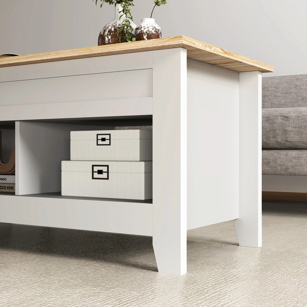Mesa de Centro com Bancada Elevável 2 Compartimentos Abertos Bancada de Madeira 105x50x49 cm Branco e Madeira