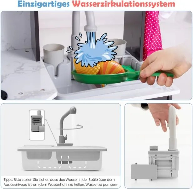 Cozinha de madeira para crianças 102 x 51 x 85 cm com luz, som, dispensador de água, máquina de lavar e acessórios, cozinha de brinquedo castanha