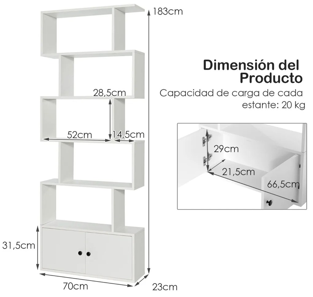 Estante de 6 níveis em forma de S para sala de estar Escritório 70 x 23 x 183 cm Branco