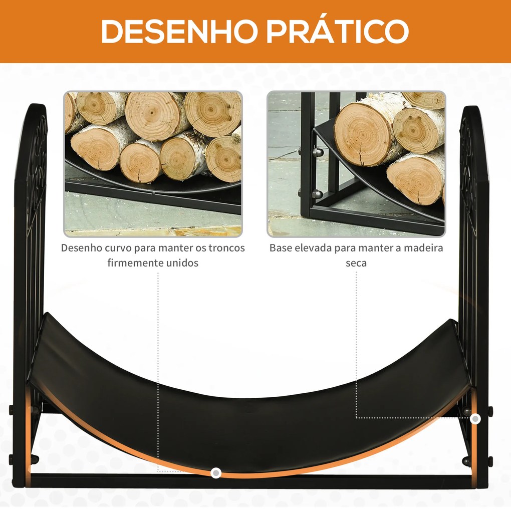 Suporte para Lenha  de Metal com Prateleira Curva Carga 60 kg para Interior e Exterior 60,5x36x46,5 cm Preto