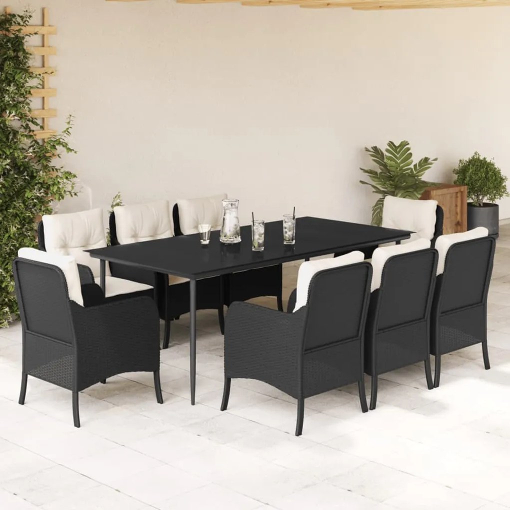 9 pcs conjunto de jantar p/ jardim c/ almofadões vime PE preto