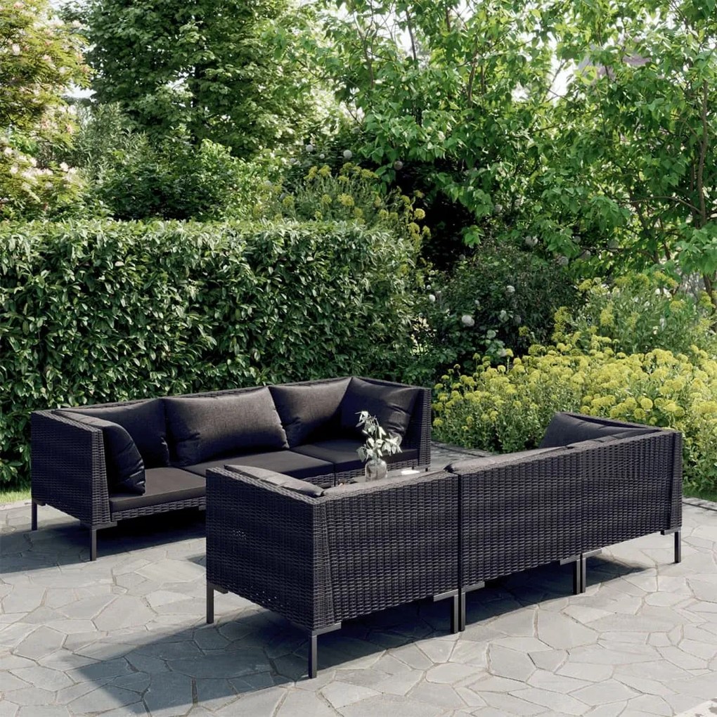vidaXL 7 pcs conj. lounge jardim c/ almofadões vime PE cinzento-escuro