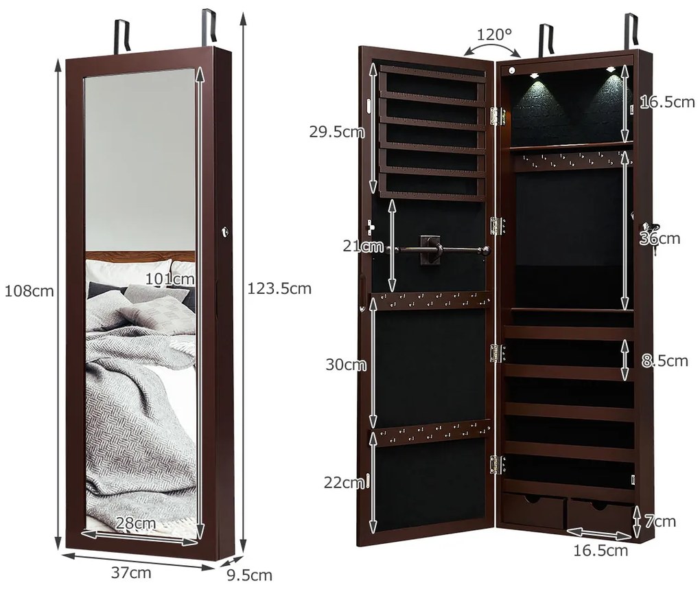 Guarda Jóias C/ Espelho Corpo Inteiro Montado na Parede com 2 Luzes LED Organizador de Jóias de Corpo Inteiro 37 x 9,5 x 108 cm Castanho