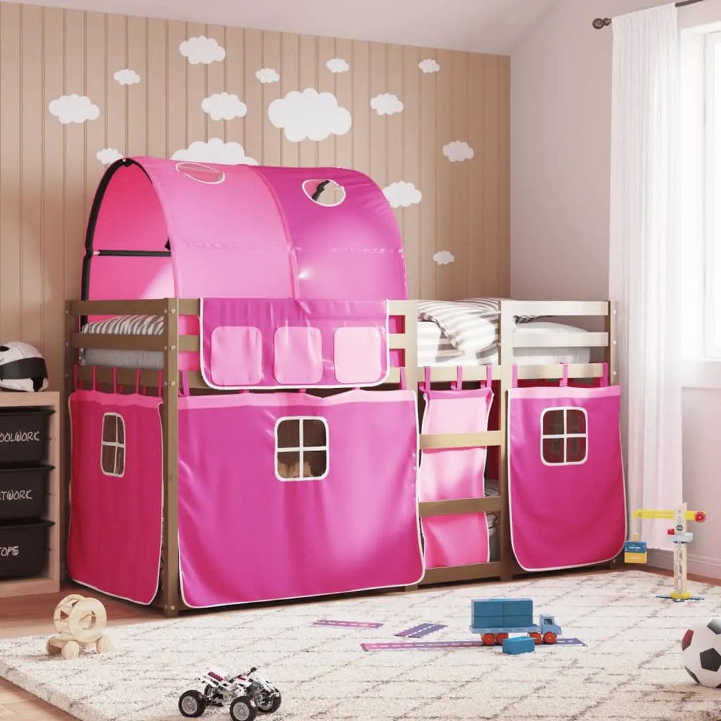 vidaXL Beliche com cortinas 90x200 cm madeira de pinho maciça rosa