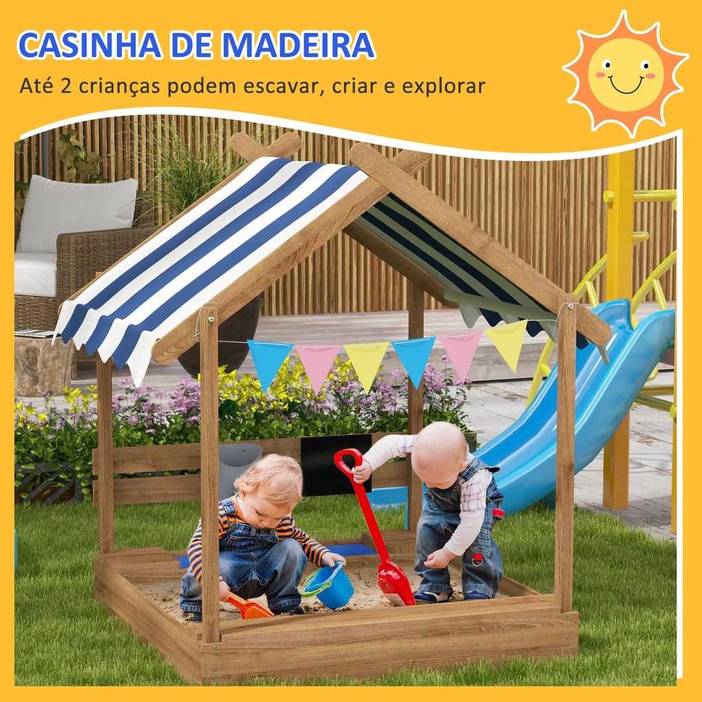 Caixa de Areia para Crianças de Madeira com Toldo Torneira e Ardósia para Pátio Jardim 124x116x146 cm Castanho