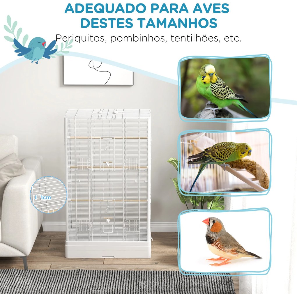 Gaiola para Pássaros 61x36,5x98 cm com Portas Poleiros Bandeja Removível e Alças para Canários Periquitos Branco