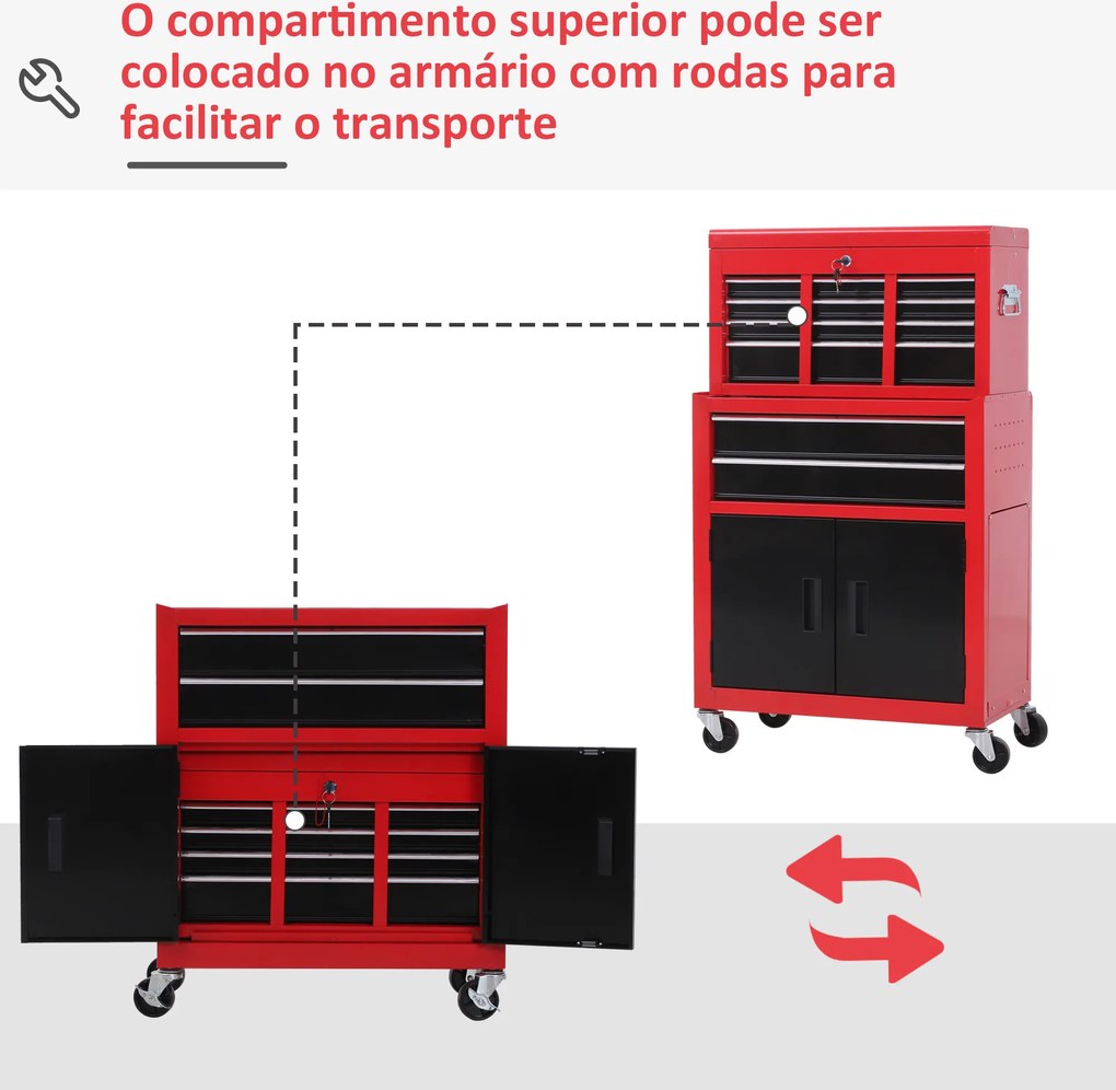 Carrinho de Ferramentas com Baú Superior 6 Gavetas Armário Fechadura e 4 Ganchos para Garagem 61,6x33x108 cm Vermelho