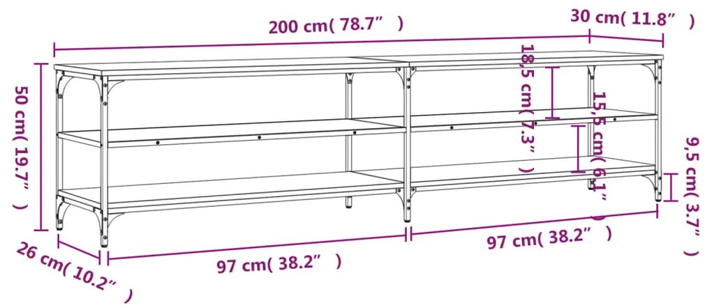 Móvel para TV 200x30x50 cm derivados de madeira/metal preto