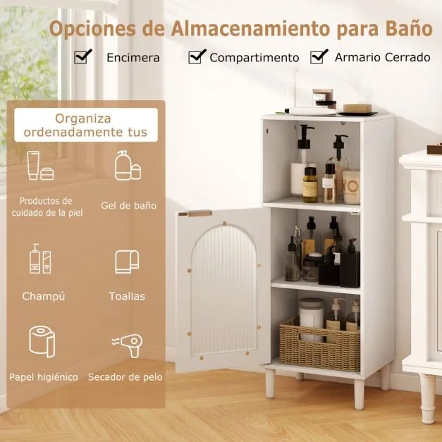 Armário de banho estreito 35 x 30 x 90 cm com compartimento aberto e porta de vidro com prateleira ajustável Branco