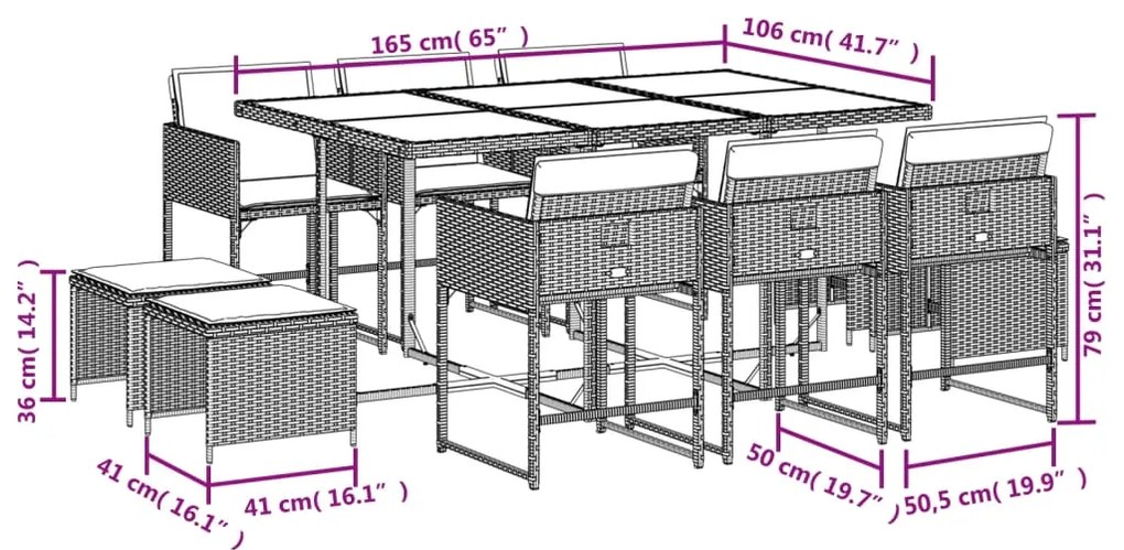 11 pcs conjunto de jantar p/ jardim com almofadões vime PE bege