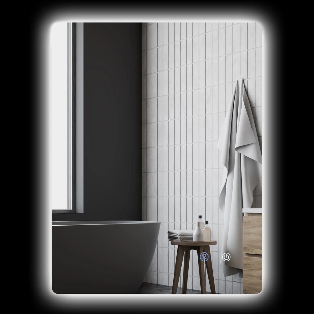 Espelho retangular de parede com iluminação LED para casa de banho, 80 x 60 cm, luminosidade regulável, branco transparente