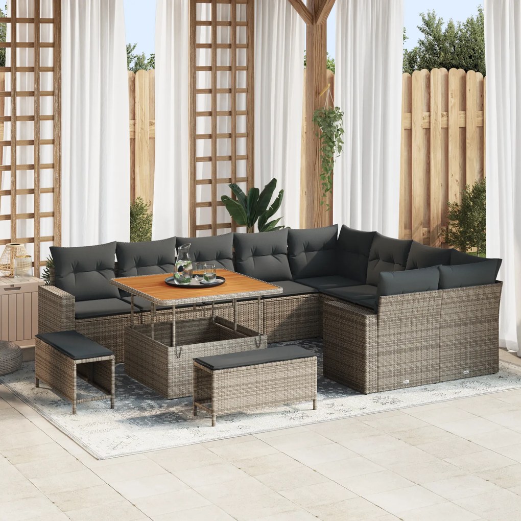 Conjunto de Sofás de Jardim vidaXL com Almofadas Cinza Rattan Poliéste