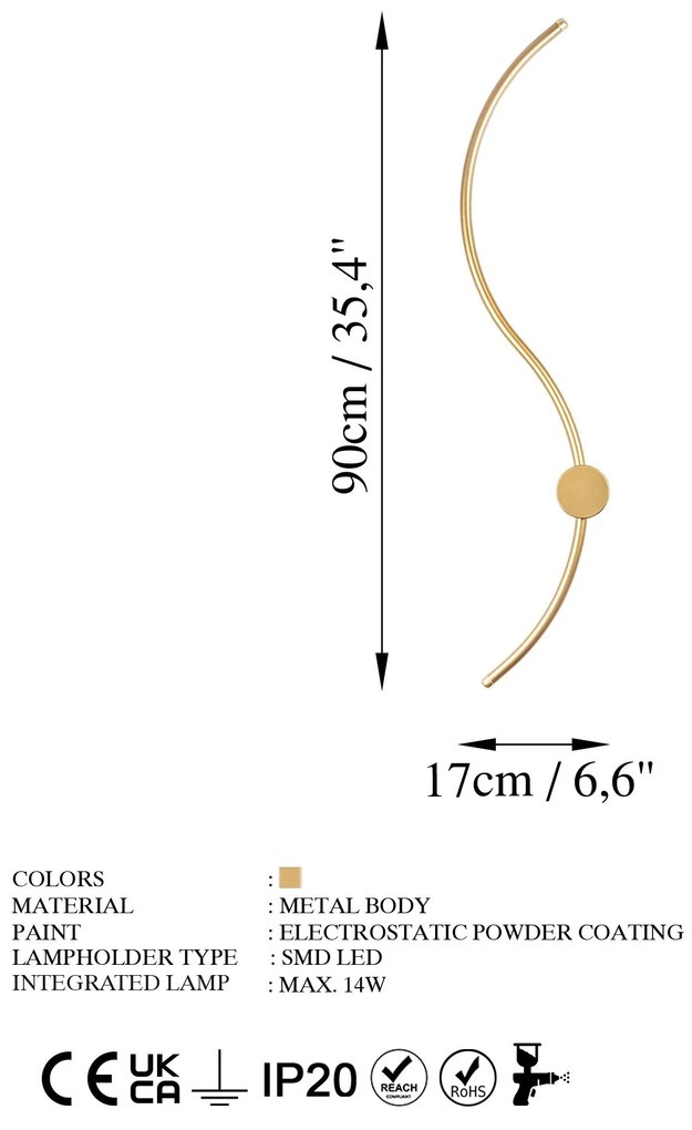 Candeeiro de Parede Uyan - Dourado - 90cm x 17cm x 10cm