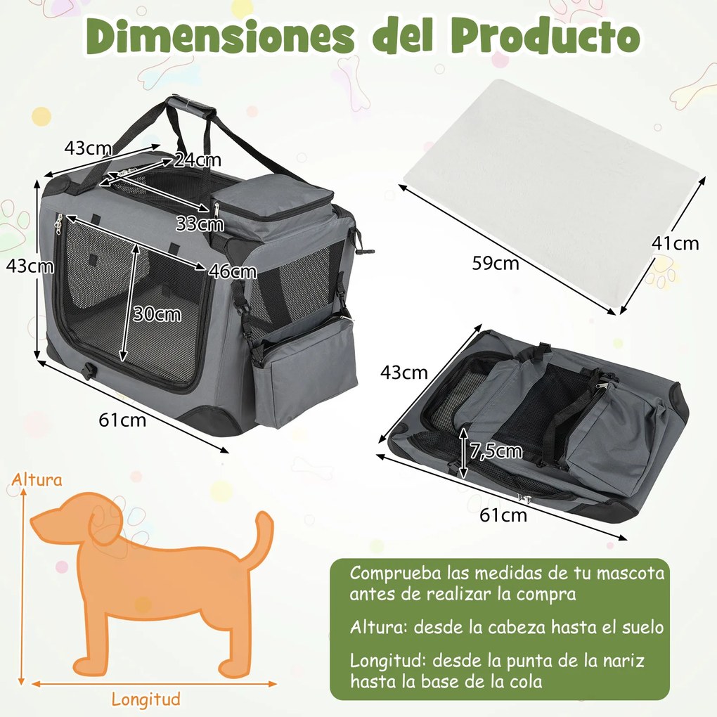 Transportadora dobrável tamanho S 61 x 43 x 43 cm para animais de estimação, com janelas de rede, 3 portas, cama felpuda e bolsos removíveis, para uso