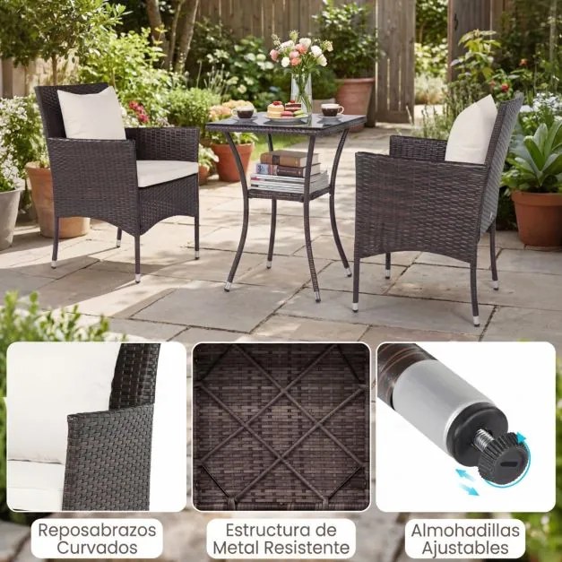 Conjunto de jardim de 3 peças: cadeiras de vime castanho misto com mesa de vidro temperado de dupla camada Castanho com almofadas brancas