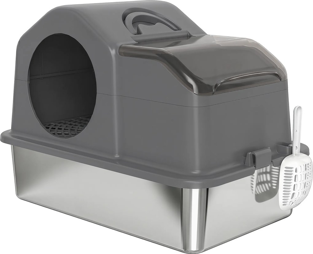 Caixa de Areia para Gatos Fechada XL em Aço Inox com Tampa, Pá, Tapete Recolhedor de Areia, Cinzento Scuro
