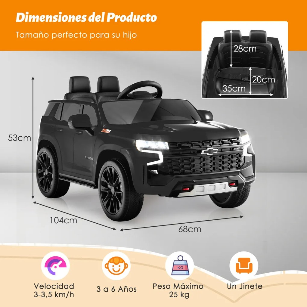 Carro elétrico com bateria de 12V para crianças SUV Chevrolet Taho com controlo remoto 2.4G Luzes de suspensão de mola Música Preto