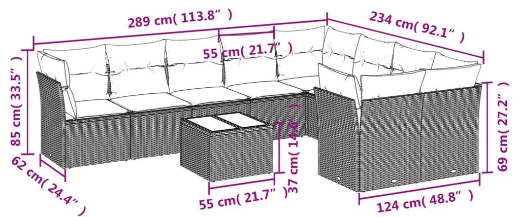 10 pcs conjunto sofás de jardim c/ almofadões vime PE preto