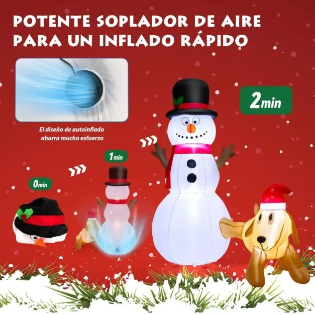 Decoração de Natal insuflável com boneco de neve e cão de 180 cm de altura com luzes LED incorporadas branca e amarela