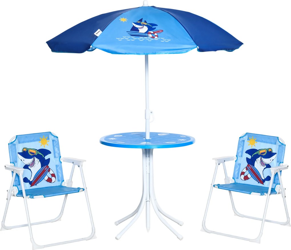 Outsunny Conjunto infantil de 4 peças com guarda-sol, mesa infantil com 2 cadeiras dobráveis, mesa de piquenique outdoor para crianças 3-6 anos, móveis de jardim para jardim, quintal, terraço, Azul | Aosom Portugal