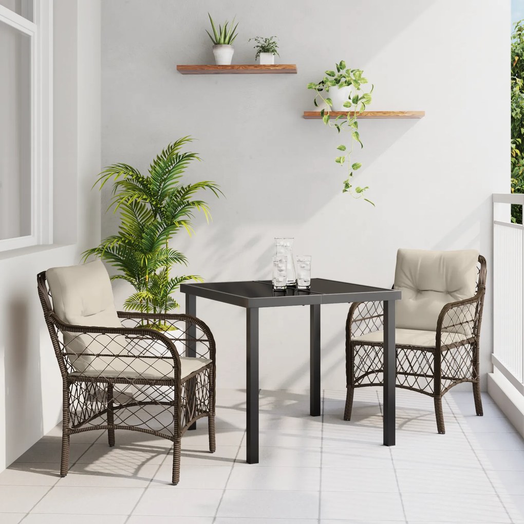 vidaXL Conjunto de Jantar de Jardim de 3 Peças com Almofadas Rattan Poliéster Marrom