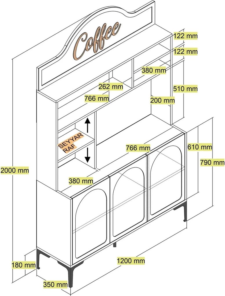 Armário Alto de Cozinha "Coffee" - 200x120x35 cm - Creme e Preto - Des