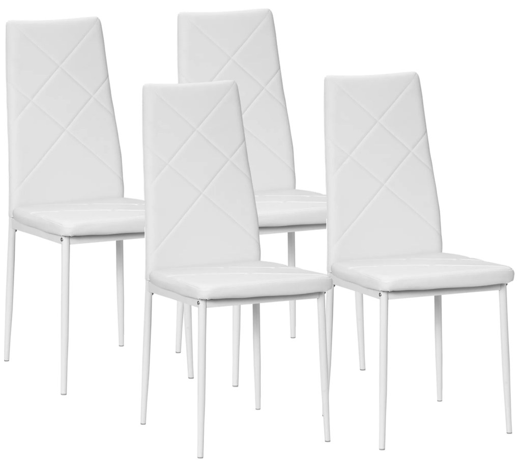 HOMCOM Conjunto de 4 Cadeiras de Sala de Jantar Estofadas em Couro Sintético com Encosto Alto e Pés de Aço 41x50x97cm Branco | Aosom Portugal