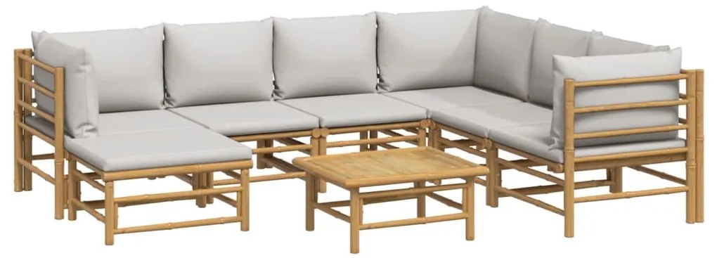 8 pcs conj. lounge de jardim bambu c/ almofadões cinzento-claro
