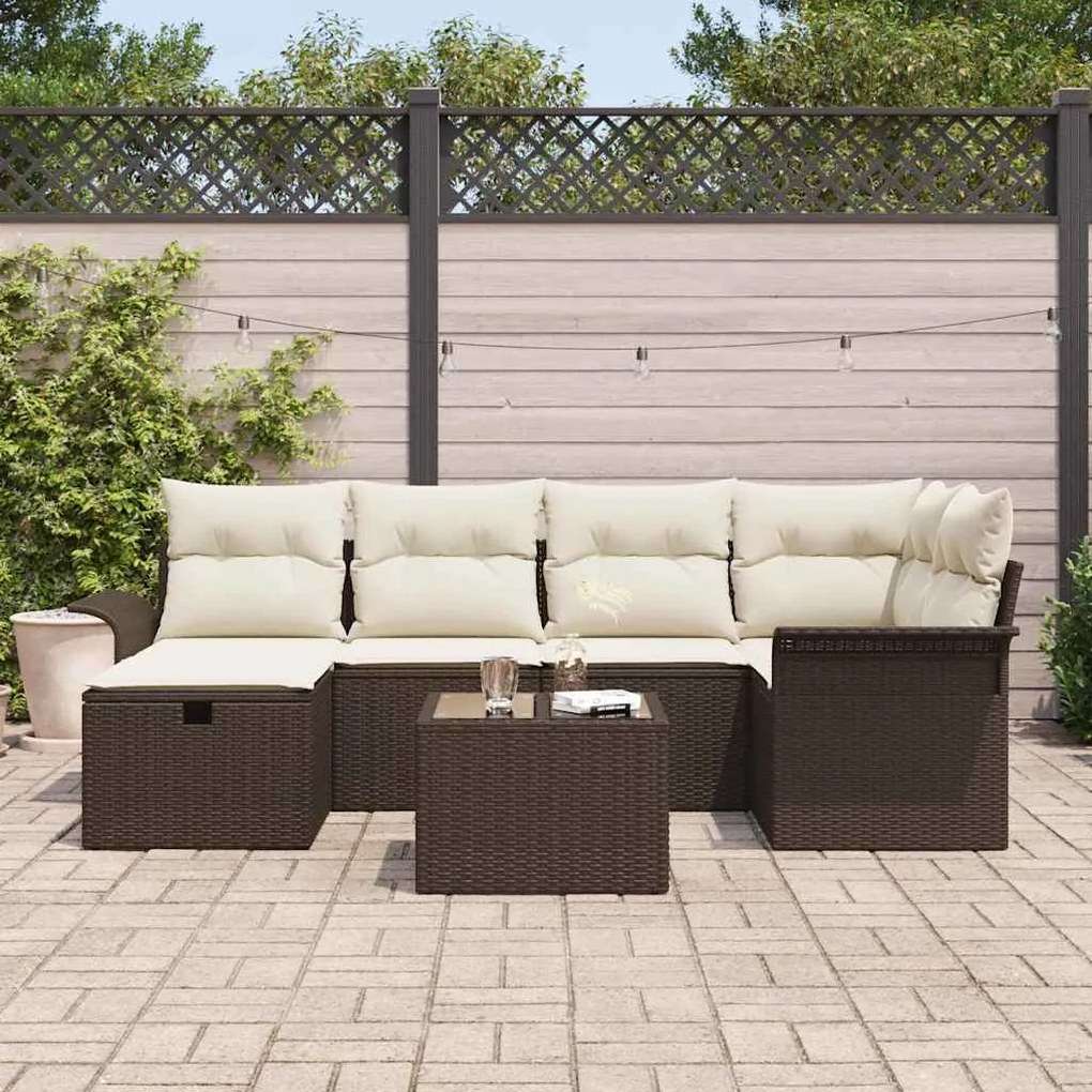 Conjunto de Sofá de Jardim de 7 Peças com Almofadas Castanho Poliratta