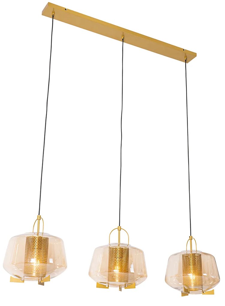 Candeeiro de suspensão dourado com vidro âmbar 30 cm oblongo 3 luzes - Kevin Art Deco